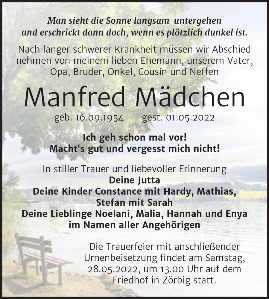  Traueranzeige für Manfred Mädchen vom 07.05.2022 aus Trauerkombi Bitterfeld