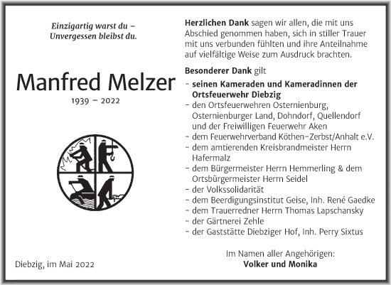 Traueranzeige von Manfred Melzer von Trauerkombi Köthen