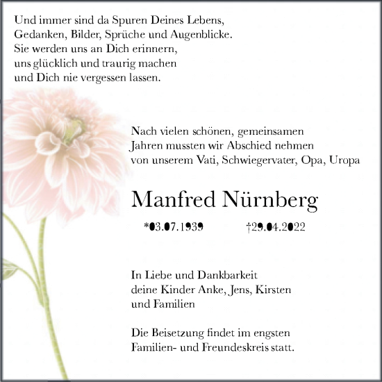 Traueranzeige von Manfred Nürnberg von Trauerkombi Dessau