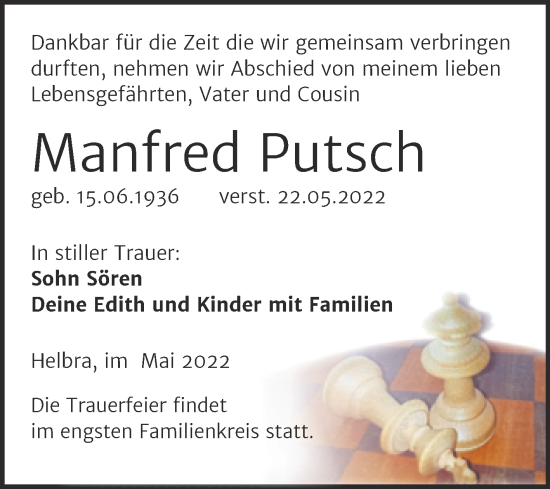 Traueranzeige von Manfred Putsch von Trauerkombi Mansfelder Land