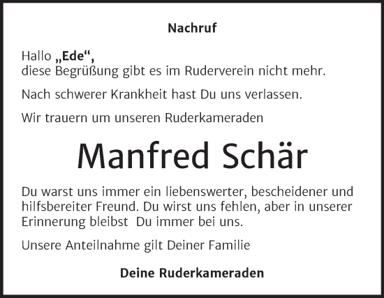 Traueranzeige von Manfred Schär von Trauerkombi Dessau