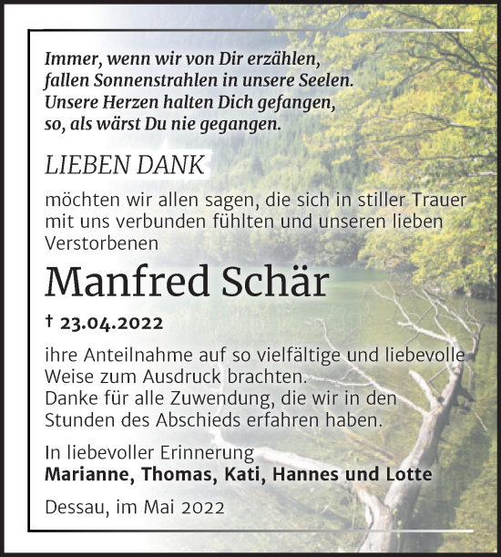 Traueranzeige von Manfred Schär von Trauerkombi Dessau