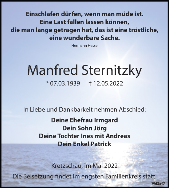 Traueranzeige von Manfred Sternitzky von Trauerkombi Zeitz