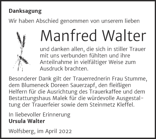 Traueranzeige von Manfred Walter von Trauerkombi Sangerhausen