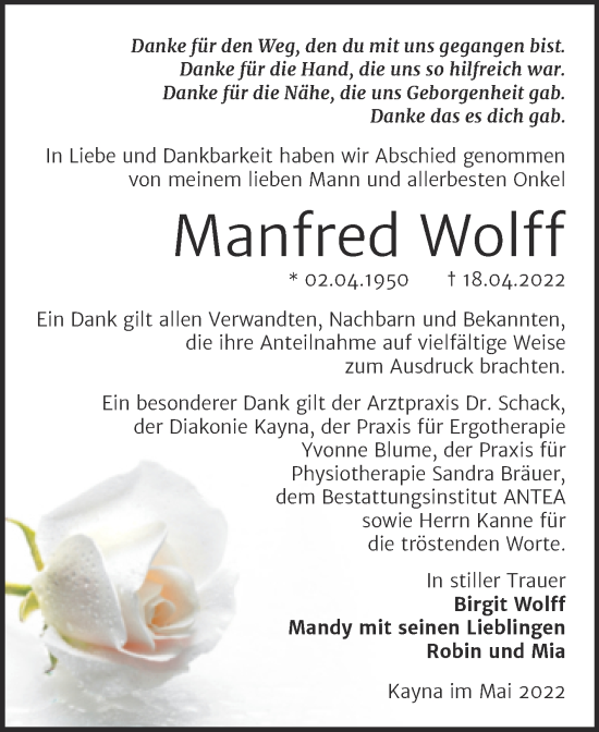 Traueranzeige von Manfred Wolff von Trauerkombi Zeitz