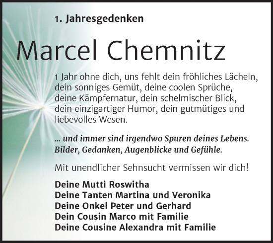 Traueranzeige von Marcel Chemnitz von Trauerkombi Wittenberg