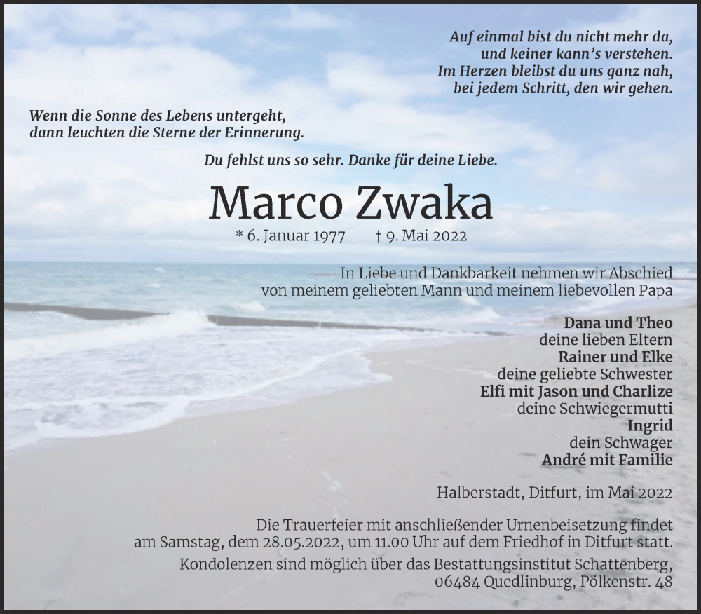  Traueranzeige für Marco Zwaka vom 14.05.2022 aus Trauerkombi Quedlinburg