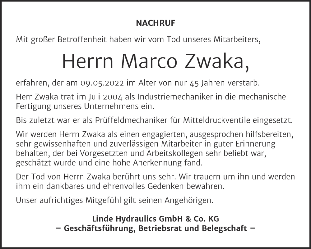  Traueranzeige für Marco Zwaka vom 28.05.2022 aus Mitteldeutsche Zeitung Quedlingburg