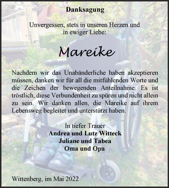 Traueranzeige von Mareike  von Trauerkombi Wittenberg