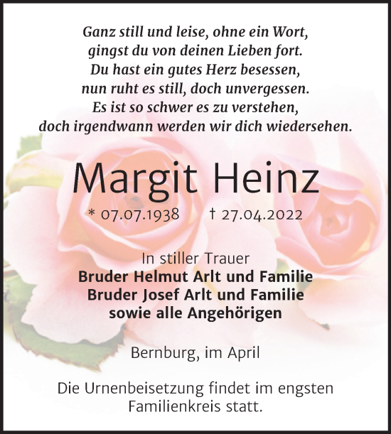 Traueranzeige von Margit Heinz von Trauerkombi Bernburg