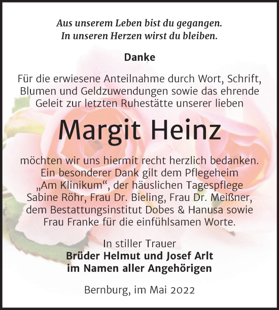 Traueranzeige von Margit Heinz von Trauerkombi Bernburg