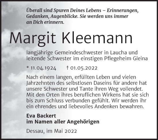 Traueranzeige von Margit Kleemann von Wochenspiegel Naumburg/Nebra