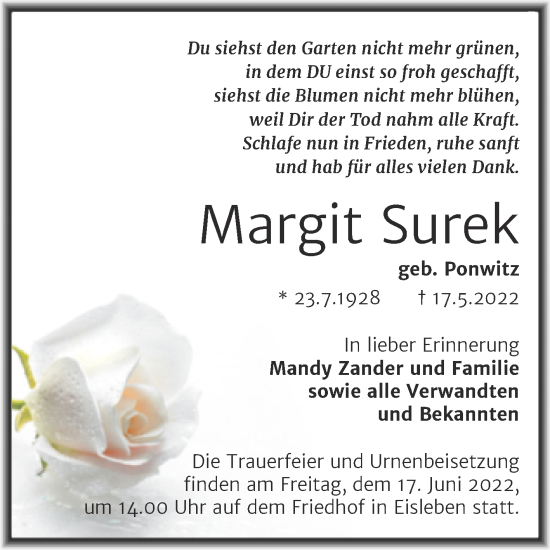 Traueranzeige von Margit Surek von Trauerkombi Mansfelder Land