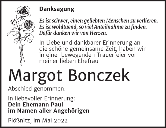 Traueranzeige von Margot Bonczek von Mitteldeutsche Zeitung Halle/Saalkreis