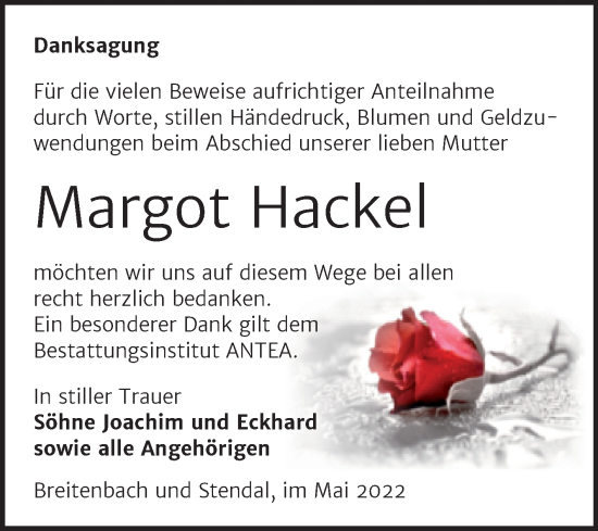 Traueranzeige von Margot Hackel von Trauerkombi Zeitz