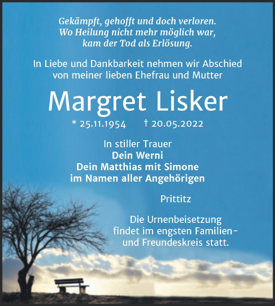Traueranzeige von Margret Lisker von Trauerkombi Weißenfels