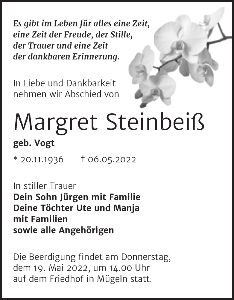  Traueranzeige für Margret Steinbeiß vom 13.05.2022 aus Trauerkombi Wittenberg