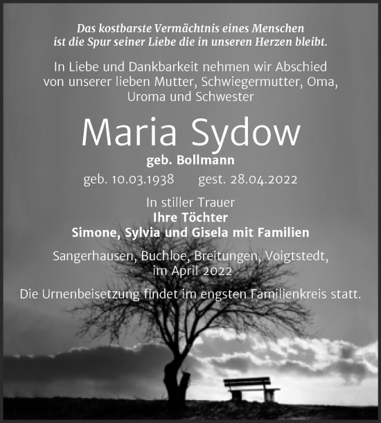 Traueranzeige von Maria Sydow von Trauerkombi Sangerhausen