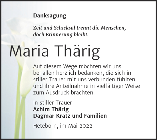 Traueranzeige von Maria Thärig von Trauerkombi Quedlinburg
