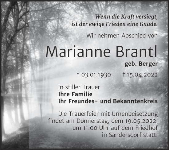 Traueranzeige von Marianne Brantl von Trauerkombi Bitterfeld