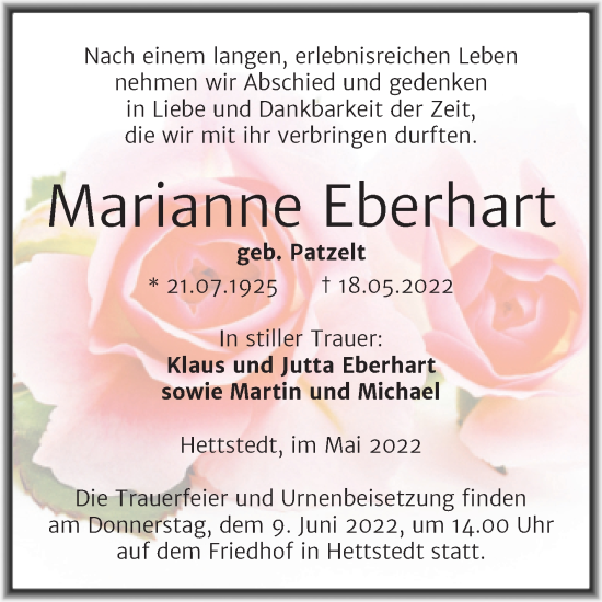 Traueranzeige von Marianne Eberhart von Trauerkombi Mansfelder Land