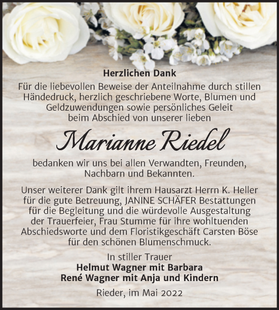 Traueranzeige von Marianne Riedel von Trauerkombi Quedlinburg