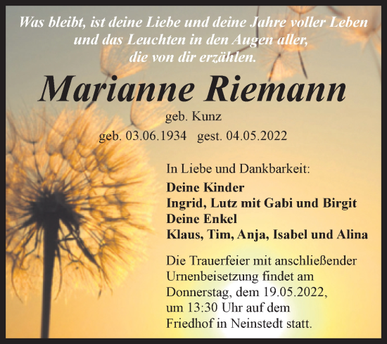 Traueranzeige von Marianne Riemann von Trauerkombi Quedlinburg