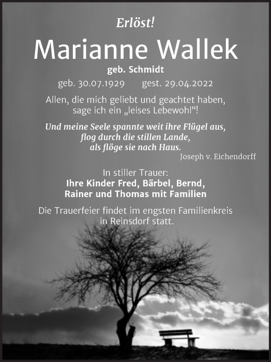 Traueranzeige von Marianne Wallek von Trauerkombi Köthen