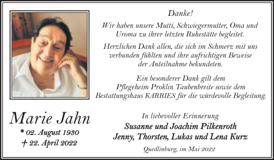 Traueranzeige von Marie Jahn von Trauerkombi Quedlinburg