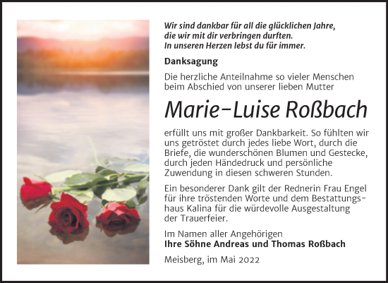 Traueranzeige von Marie-Luise Roßbach von Trauerkombi Mansfelder Land