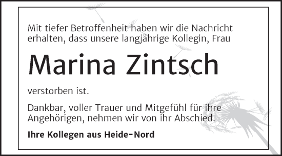 Traueranzeige von Marina Zintsch von Mitteldeutsche Zeitung Halle/Saalkreis