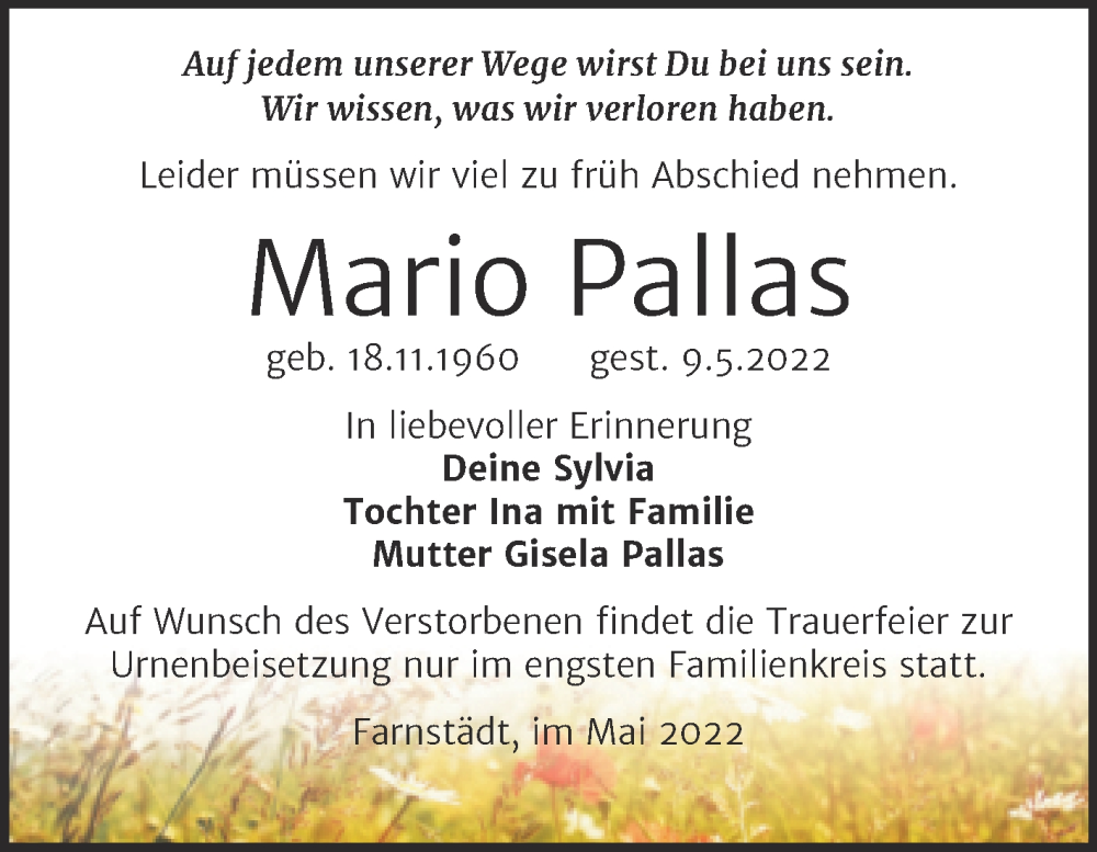  Traueranzeige für Mario Pallas vom 16.05.2022 aus Trauerkombi Merseburg