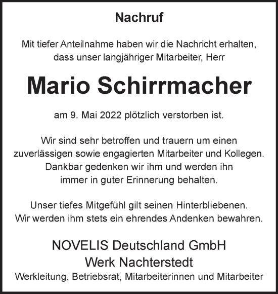 Traueranzeige von Mario Schirrmacher von Mitteldeutsche Zeitung Aschersleben