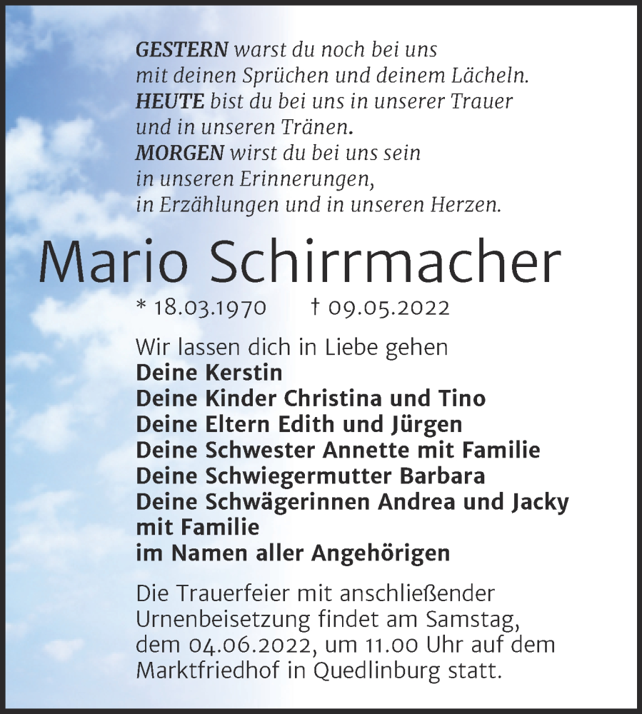  Traueranzeige für Mario Schirrmacher vom 21.05.2022 aus Trauerkombi Quedlinburg