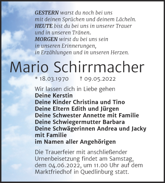 Traueranzeige von Mario Schirrmacher von Trauerkombi Quedlinburg