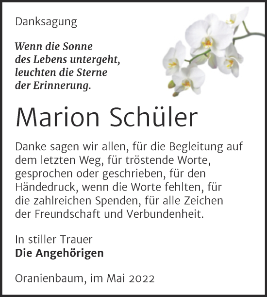 Traueranzeige von Marion Schüler von Trauerkombi Wittenberg