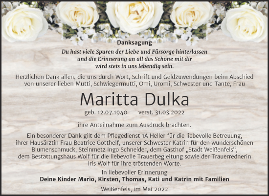 Traueranzeige von Maritta Dulka von Trauerkombi Weißenfels
