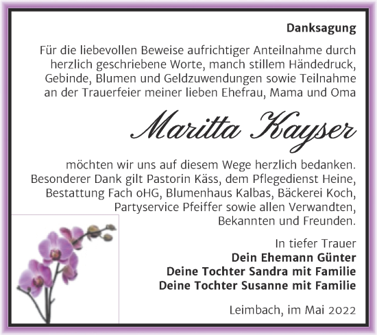 Traueranzeige von Maritta Kayser von Trauerkombi Merseburg