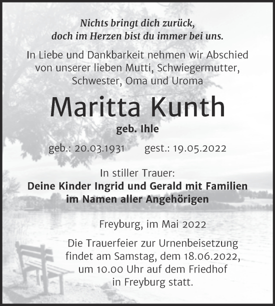 Traueranzeige von Maritta Kunth von Naumburger Tageblatt