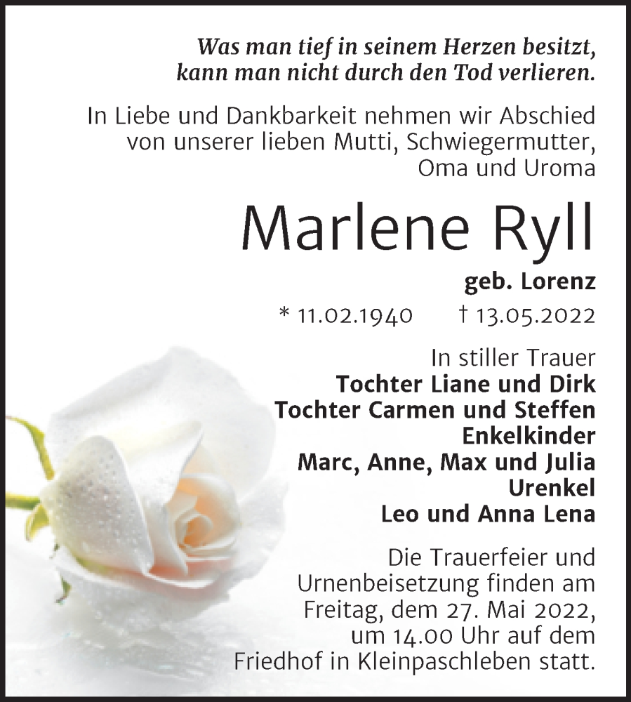  Traueranzeige für Marlene Ryll vom 21.05.2022 aus Trauerkombi Köthen