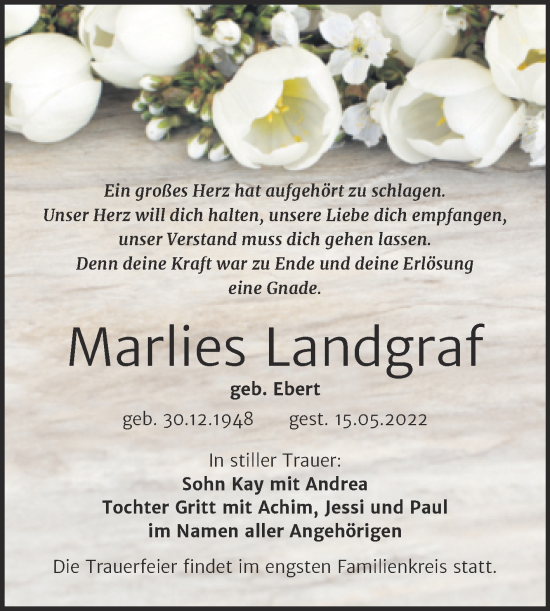 Traueranzeige von Marlies Landgraf von Trauerkombi Bitterfeld