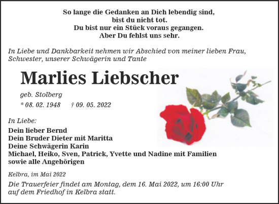 Traueranzeige von Marlies Liebscher von Mitteldeutsche Zeitung Sangerhausen