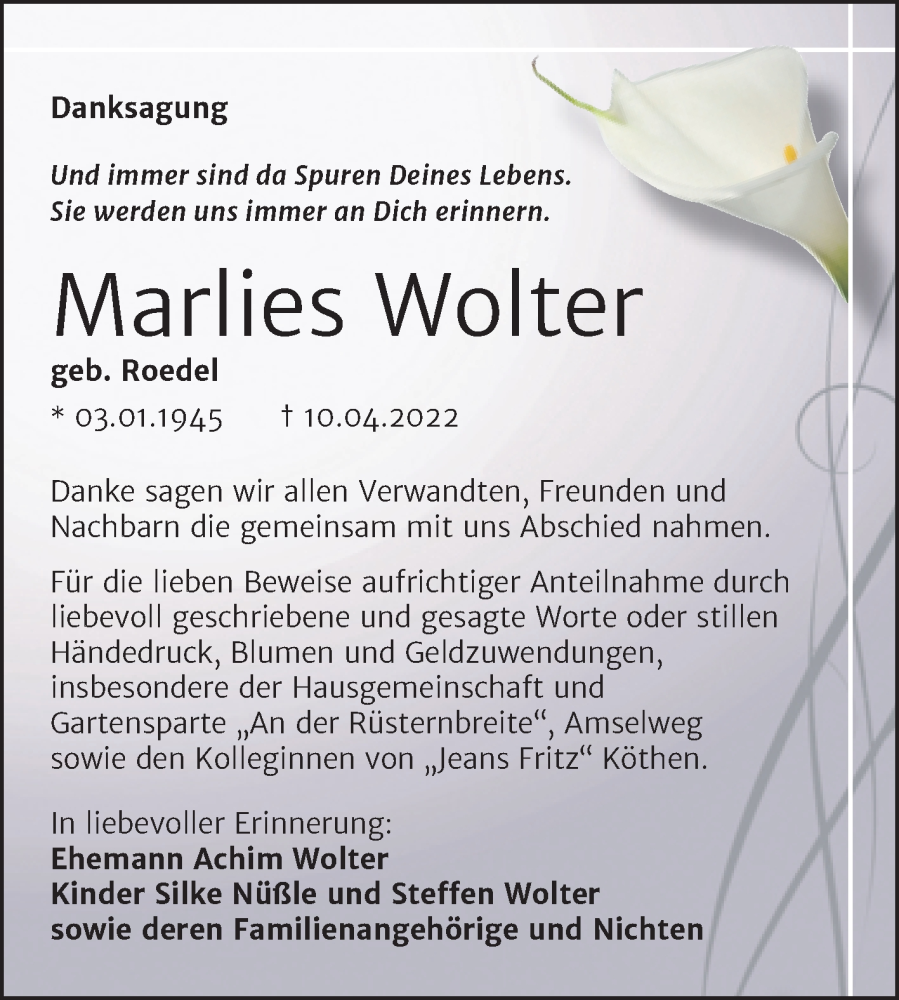  Traueranzeige für Marlies Wolter vom 06.05.2022 aus Trauerkombi Köthen