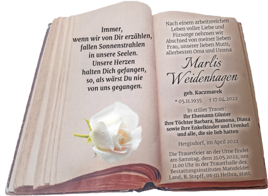 Traueranzeige von Marlis Weidenhagen von Trauerkombi Mansfelder Land