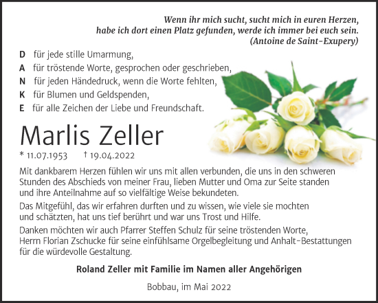 Traueranzeige von Marlis Zeller von Trauerkombi Bitterfeld