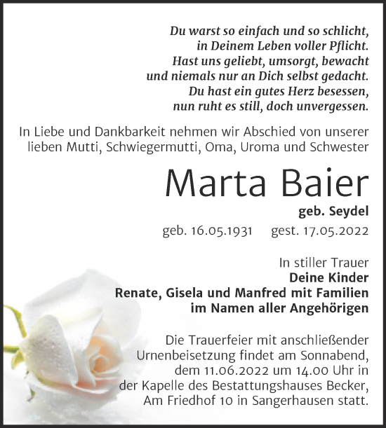 Traueranzeige von Marta Baier von Trauerkombi Sangerhausen