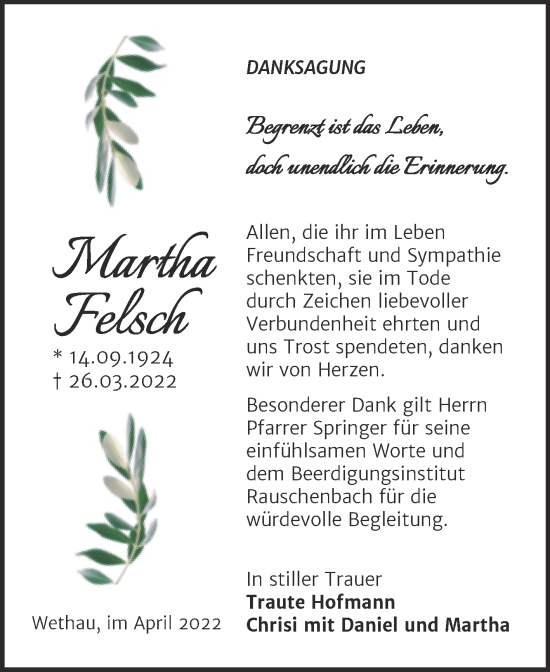 Traueranzeige von Martha Felsch von Wochenspiegel Naumburg/Nebra