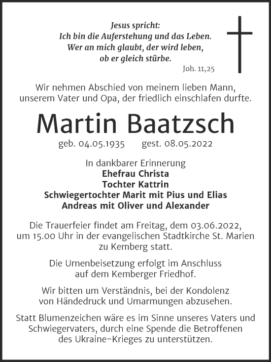 Traueranzeige von Martin Baatzsch von Trauerkombi Wittenberg