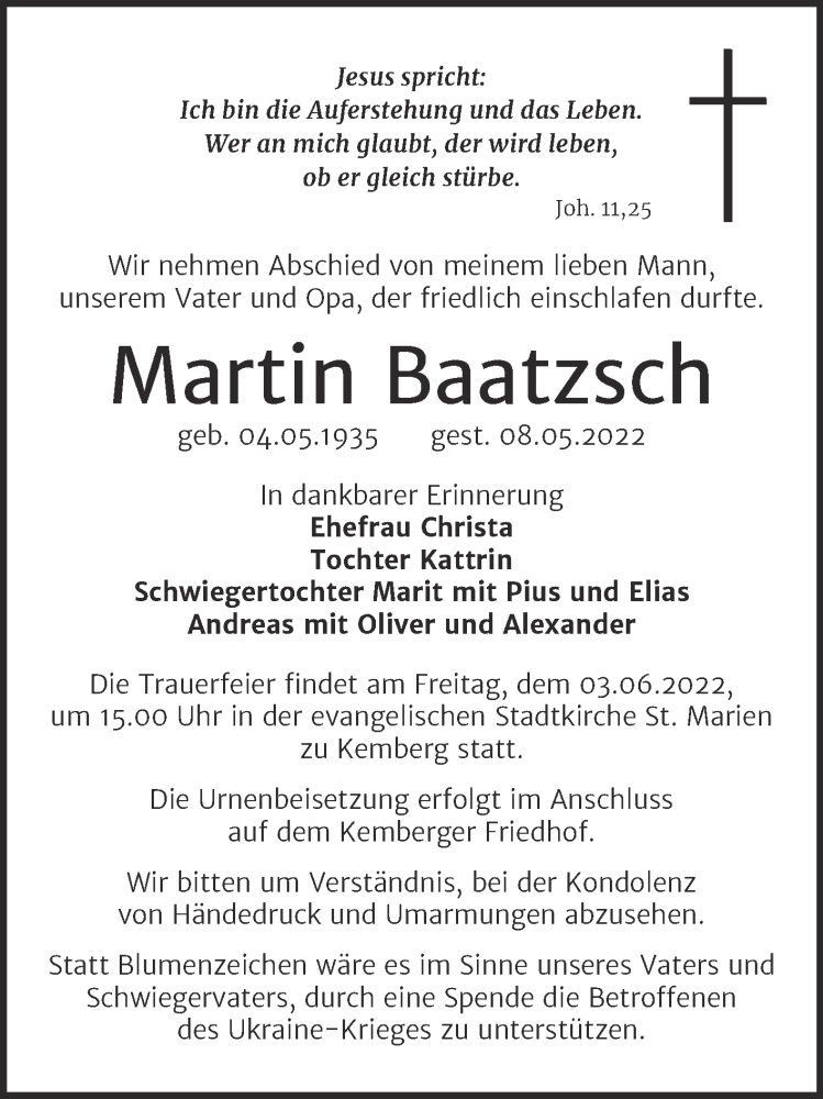  Traueranzeige für Martin Baatzsch vom 14.05.2022 aus Trauerkombi Wittenberg