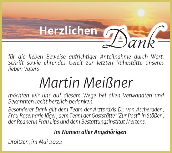 Traueranzeige von Martin Meißner von Wochenspiegel Naumburg/Nebra